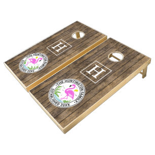 Pink Flamingo in Water Family Name Date Estd Wood Cornhole Set
