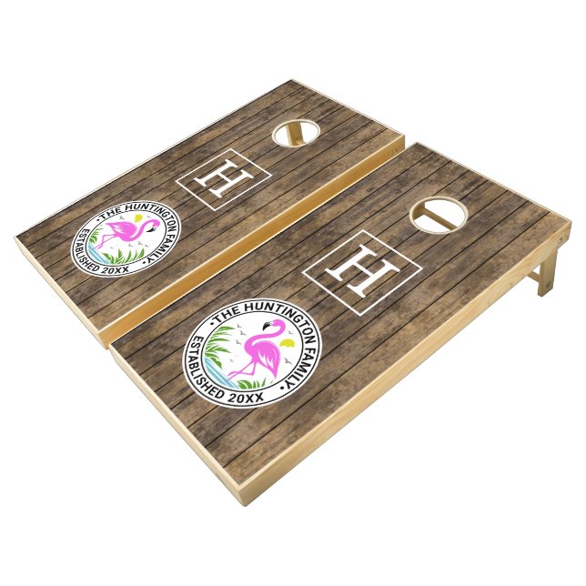Pink Flamingo in Water Family Name Date Estd Wood Cornhole Set (Angled)