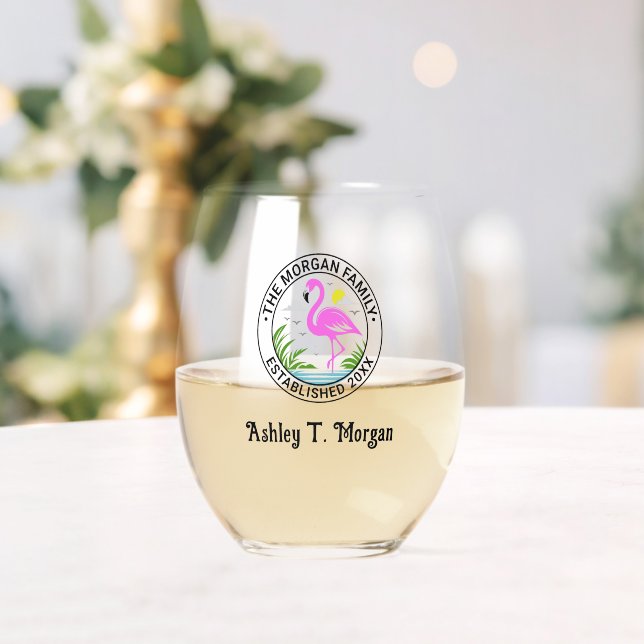 Pink Flamingo in Water Team Name Date Estd N Stemless Wine Glass (Insitu (Wedding))