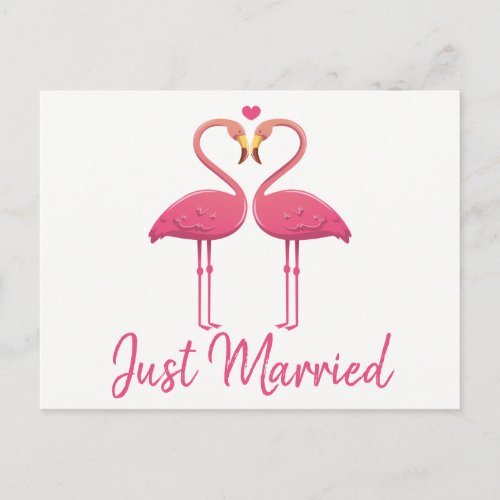 Pink Flamingo Just Married Tropical Wedding Beach Announcement Postcard