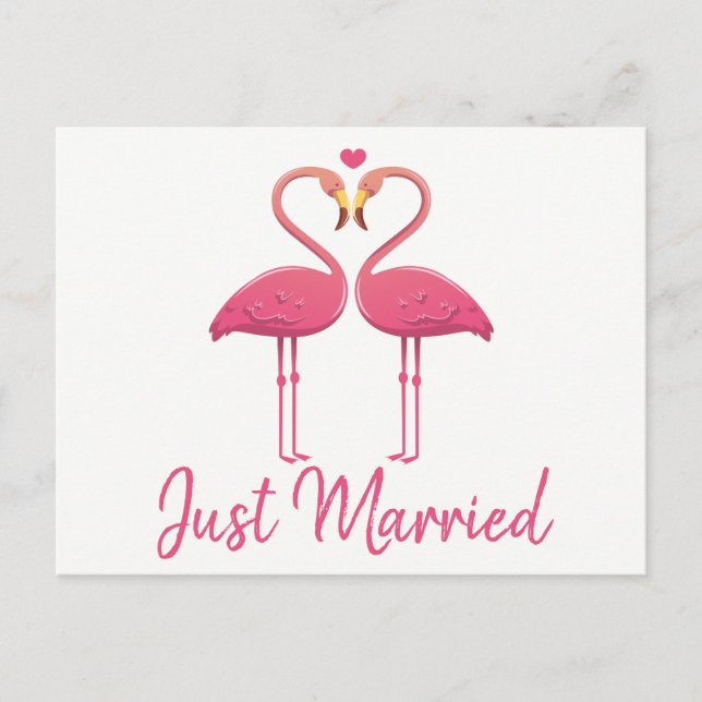 Pink Flamingo Just Married Tropical Wedding Beach Announcement Postcard (Front)