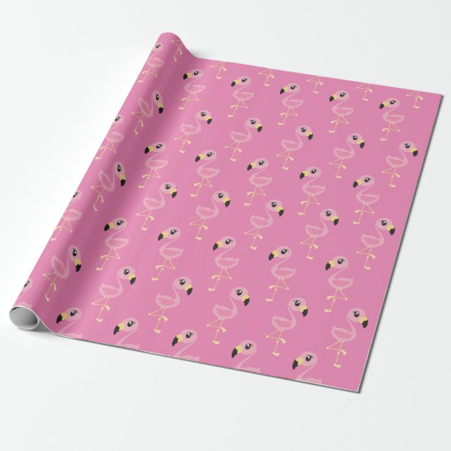 Pink Flamingo Kid's Birthday Tropical Wrapping Paper (Unrolled)