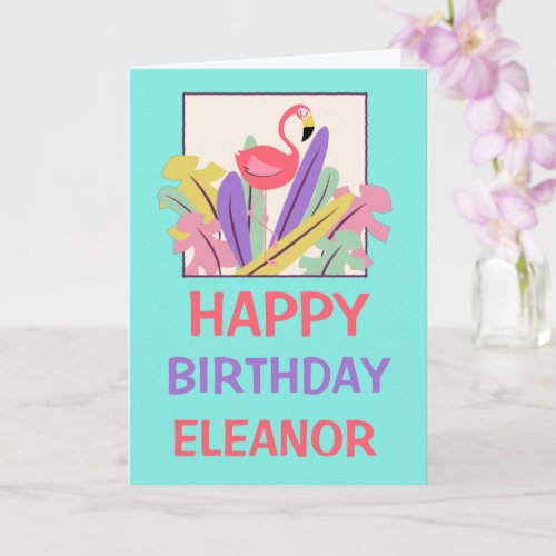 Pink Flamingo Leaf Name Happy Birthday Card