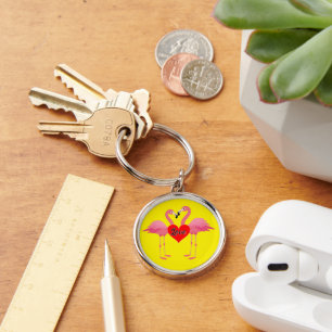 Pink Flamingo Love Design - Premium Round Keychain