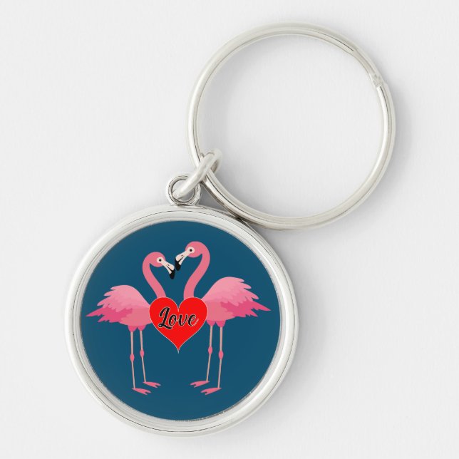Pink Flamingo Love Design - Premium Round Keychain (Front)