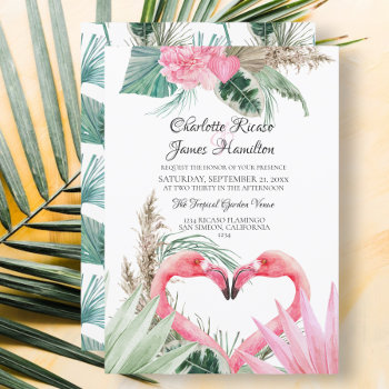 Pink Flamingo Love Heart Tropical Floral Wedding Invitation by Ricaso_Wedding at Zazzle
