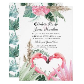 Pink Flamingo Love Heart Tropical Floral Wedding Invitation