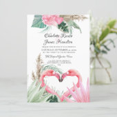 Pink Flamingo Love Heart Tropical Floral Wedding Invitation (Standing Front)