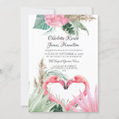 Pink Flamingo Love Heart Tropical Floral Wedding Invitation (Front)