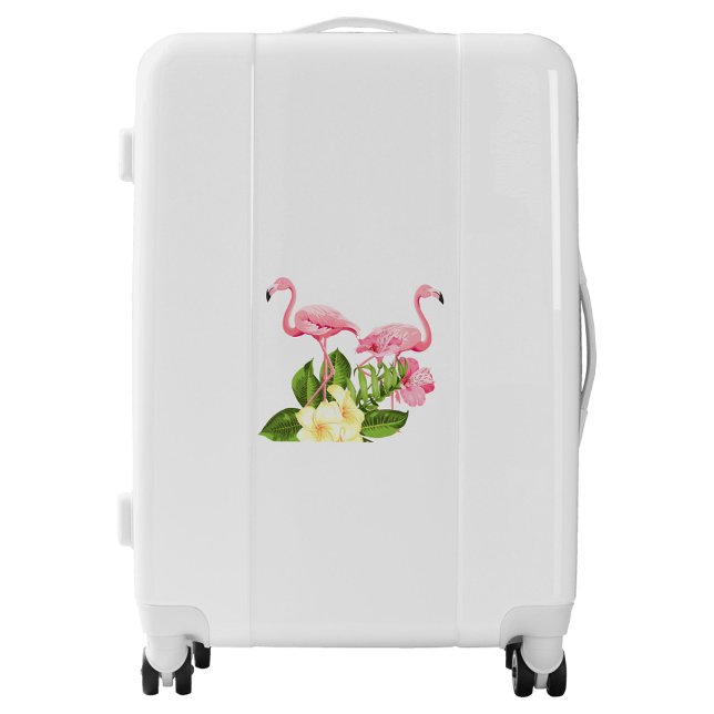 Pink Flamingo  Luggage (A stylish white suitcase adorned with vibrant pink flamingos and tropical flowers.)