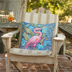Pink Flamingo Lush Tropical Jungle Botanical Outdoor Pillow