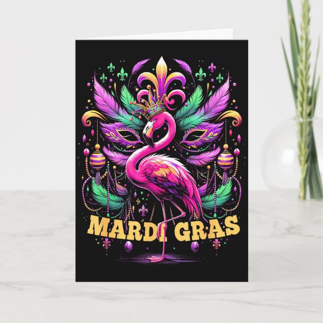 Pink Flamingo Mardi Gras Crown And Beads Mask Carn Card (Front)