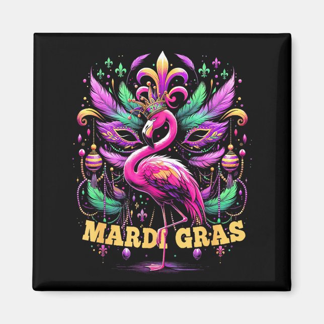 Pink Flamingo Mardi Gras Crown And Beads Mask Carn Magnet (Front)