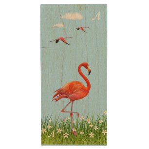 Pink Flamingo & Meadow with Flowers Monogrammed Wood Flash Drive