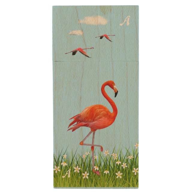 Pink Flamingo & Meadow with Flowers Monogrammed Wood Flash Drive (Front Vertical)