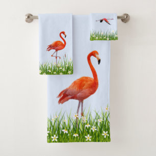Pink Flamingo & Meadow with Flowers on Light Blue  Bath Towel Set