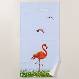 Pink Flamingo & Meadow with Flowers on Light Blue Beach Towel