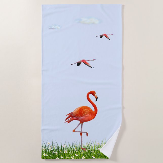 Pink Flamingo & Meadow with Flowers on Light Blue  Beach Towel (Front)