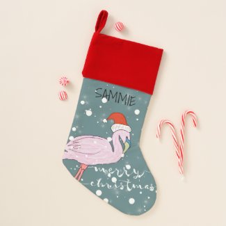 Pink Flamingo Merry Christmas Script Snowfall Christmas Stocking