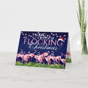 Pink Flamingo Merry Flocking Christmas Flamingos Holiday Card