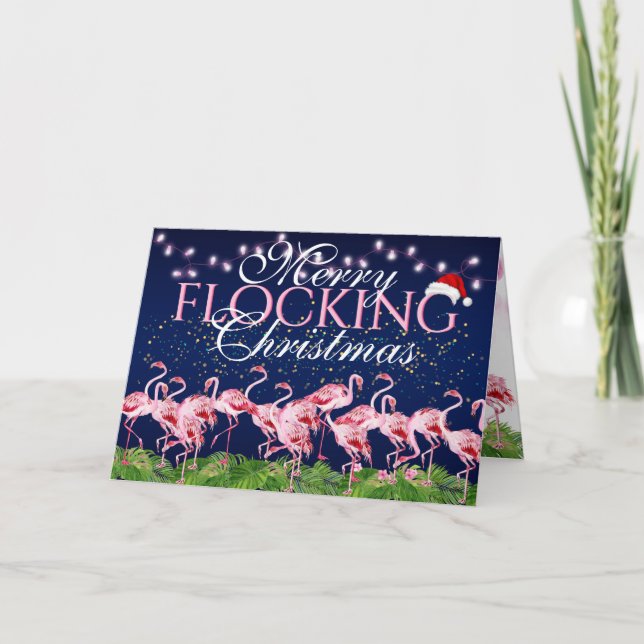 Pink Flamingo Merry Flocking Christmas Flamingos Holiday Card (Front)