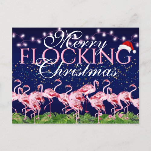 Pink Flamingo Merry Flocking Christmas Flamingos Holiday Postcard