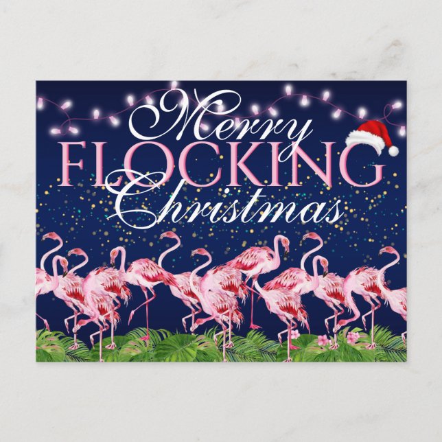 Pink Flamingo Merry Flocking Christmas Flamingos Holiday Postcard (Front)