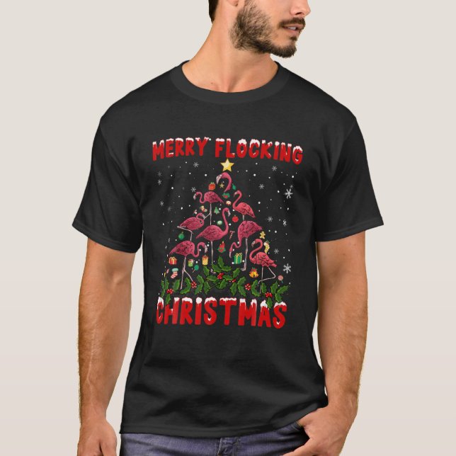 Pink Flamingo Merry Flocking Christmas Tree Lights T-Shirt (Front)