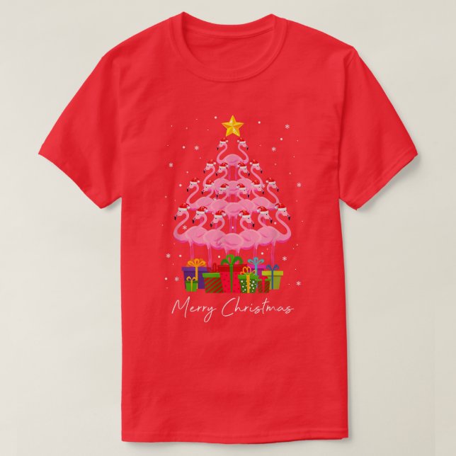 Pink Flamingo Merry Flocking Christmas Tree Lights T-Shirt (Design Front)