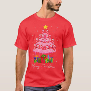 Pink Flamingo Merry Flocking Christmas Tree Lights T-Shirt