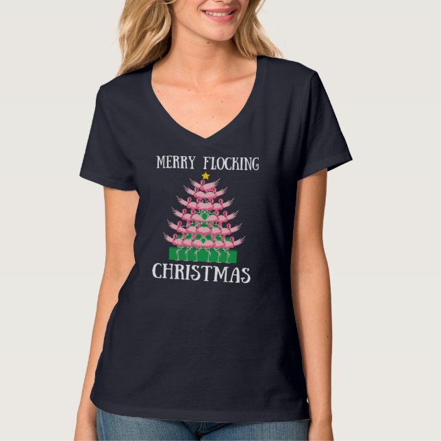 Pink Flamingo Merry Flocking Christmas Tree Lights T-Shirt (Front)