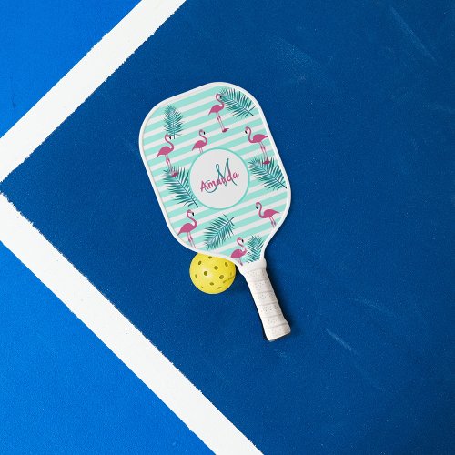 Pink flamingo mint green stripes palm leaves carbon fiber pickleball paddle 