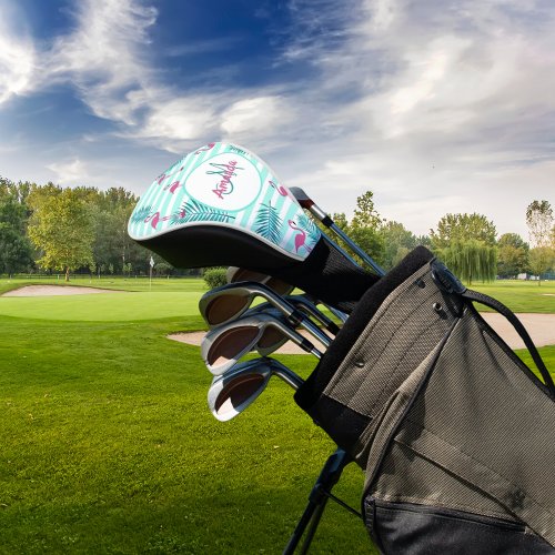 Pink flamingo mint green stripes palm leaves golf head cover