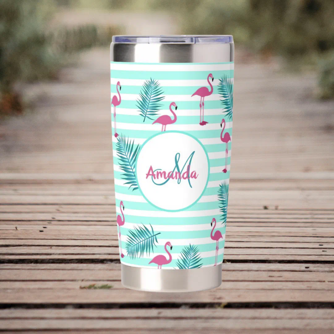 Pink flamingo mint green stripes palm leaves insulated tumbler