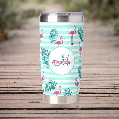 Pink flamingo mint green stripes palm leaves insulated tumbler