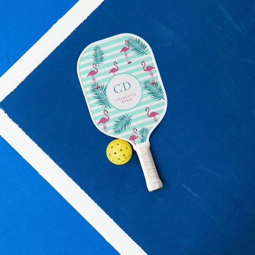 Pink flamingo mint green stripes palm leaves name carbon fiber pickleball paddle 