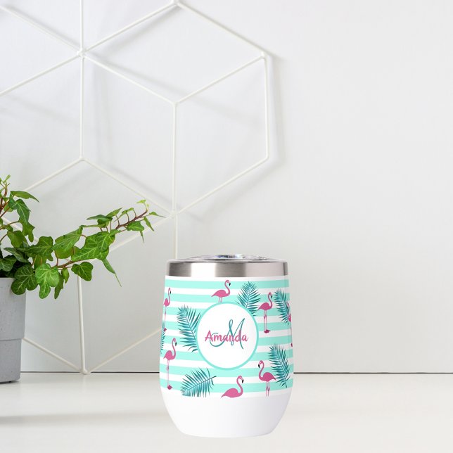Pink flamingo mint green stripes palm leaves thermal wine tumbler (Creator Uploaded)