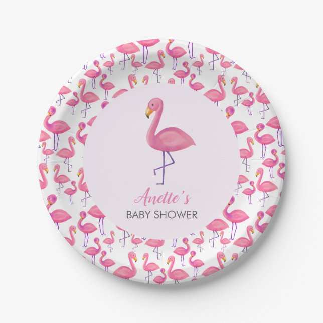 Pink Flamingo Modern Baby Shower Paper Plates (Front)