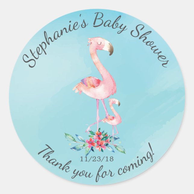 Pink Flamingo Mom Baby Shower Favor Sticker (Front)