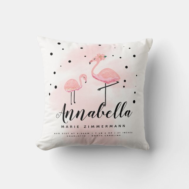 Pink Flamingo Mom Daughter Personalized Birth Throw Pillow (Front)