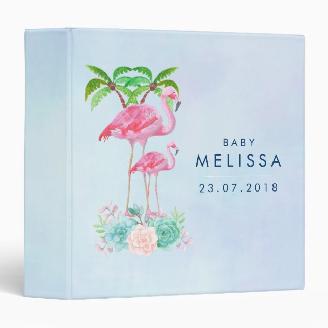 Pink Flamingo Momma & Baby with Palm Trees 3 Ring Binder (Front/Spine)