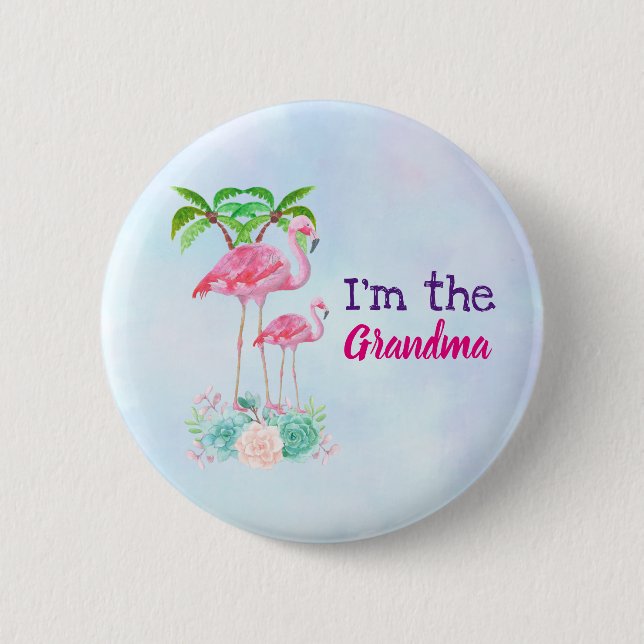Pink Flamingo Momma & Baby with Palm Trees Button (Front)