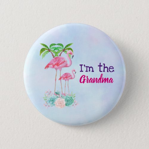Pink Flamingo Momma  Baby with Palm Trees Button