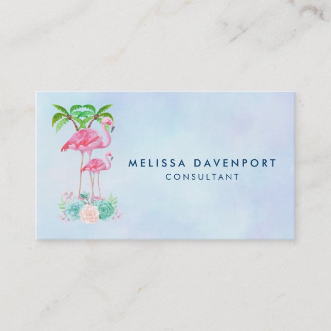 Pink Flamingo Momma & Baby with Palm Trees Calling Card (Front)