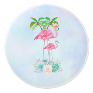 Pink Flamingo Momma & Baby with Palm Trees Ceramic Knob