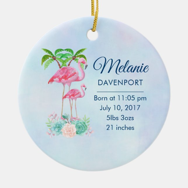 Pink Flamingo Momma & Baby with Palm Trees Ceramic Ornament (Front)