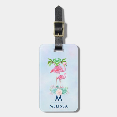 Pink Flamingo Momma  Baby with Palm Trees Custom Luggage Tag