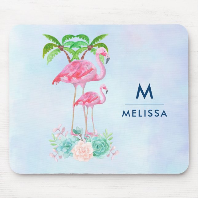 Pink Flamingo Momma & Baby with Palm Trees Custom Mouse Pad (Front)