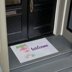 Pink Flamingo Momma & Baby with Palm Trees Doormat