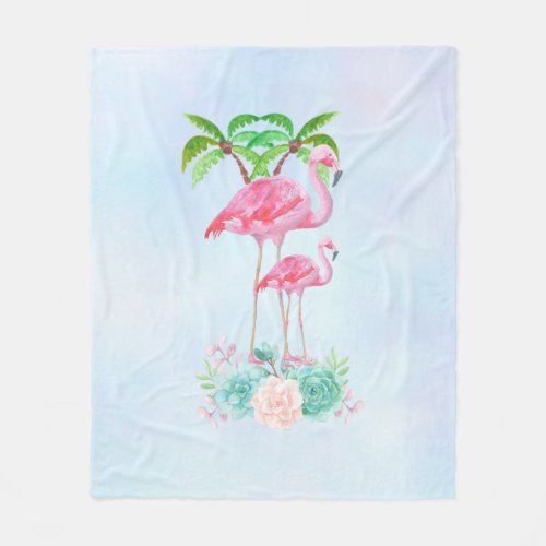 Pink Flamingo Momma  Baby with Palm Trees Fleece Blanket